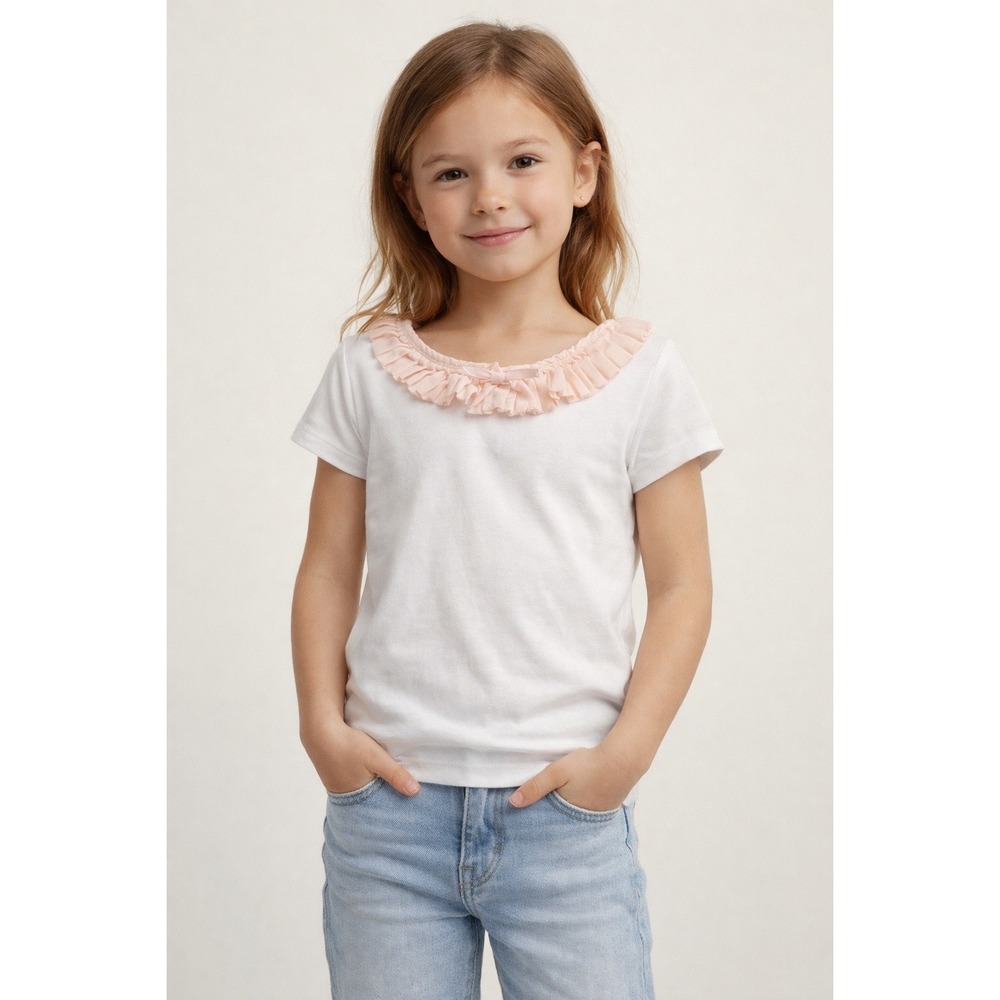 Janie And Jack Short Sleeve White Girls Top With Pink Ruffle And Back Button,  6